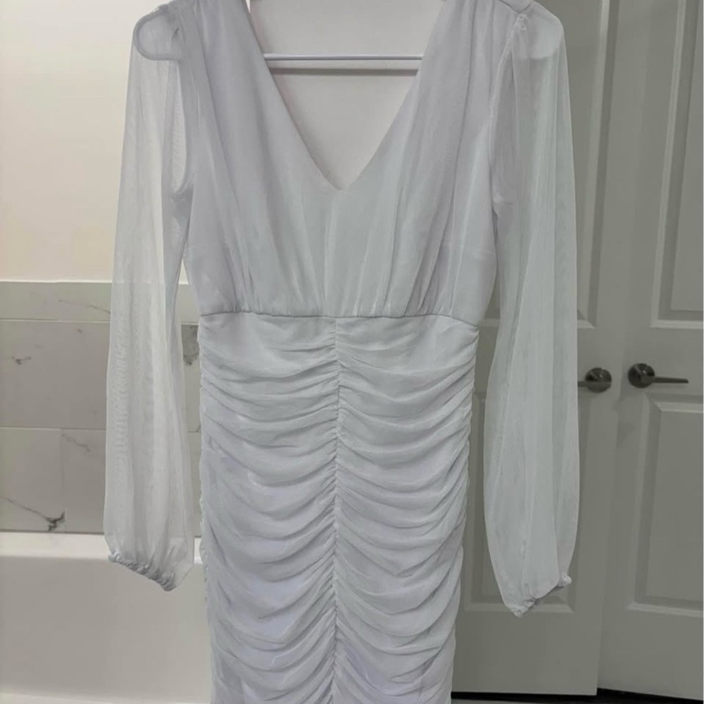 Love By Design White Ruched V-Neck Mini Dress